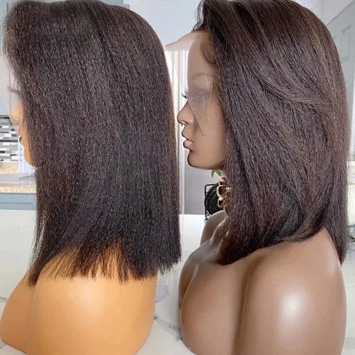 QUINLUX - Pelucas de cabello humano corto estilo Bob italiano Yaki de 13 x 6 pulgadas con encaje frontal para mujeres negras, densidad 150, pelucas