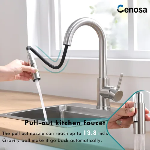 Miniatura 3 de Grifo de Barra Moderno para Fregadero de Cocina de Una Sola Manija con Rociador Extraíble Caliente y Frío de Níquel Cepillado CENOSA 4 níquel