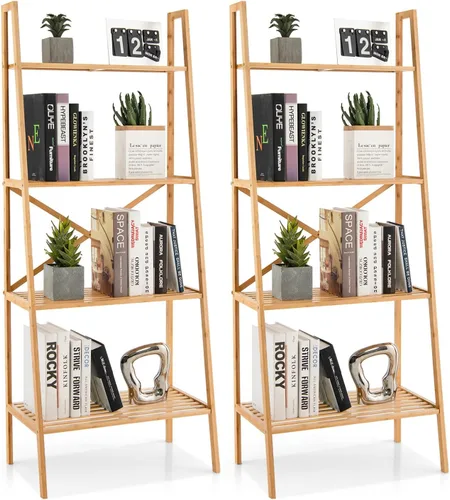 Miniatura 10 de Giantex Estantería de bambú de 4 niveles, estantes de almacenamiento multifuncionales con dispositivo antivuelco, estante de escalera de bambú