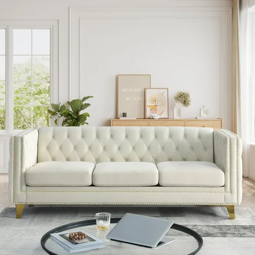 Miniatura 8 de JEEOHEY Juego de Sofás Chesterfield de 2, Sofá Moderno de Terciopelo con Capitoné y Ribete de Tachuelas, Sofá Tapizado de Asiento Profundo, Sofá