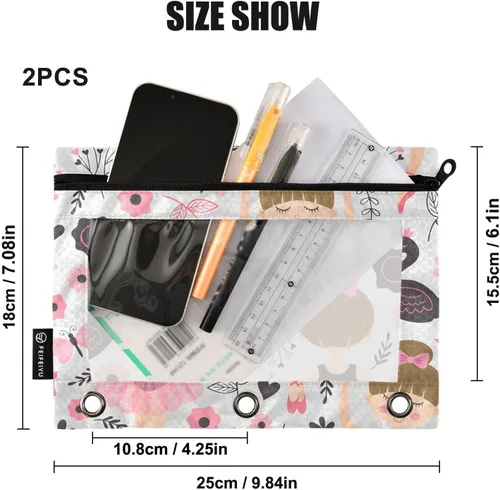 Miniatura 3 de Linda bolsa de lápices de bailarina para carpeta de 3 anillos, 2 bolsas para lápices con cremallera, estuche transparente con cremallera para Ballet