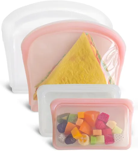 Bolsas de almacenamiento de silicona reutilizables, paquete de 4 bolsas para bocadillos y sándwiches, bolsas de silicona duraderas con cierre