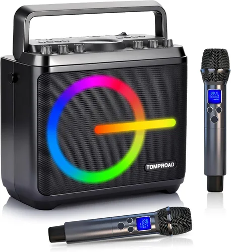 Máquina de karaoke, altavoz Bluetooth con 2 micrófonos inalámbricos, amplificador de voz portátil, sistema PA para adultos y niños con luces LED,