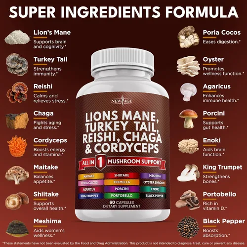 Miniatura 2 de NEW AGE Suplemento de hongo de melena de león con cola de pavo Reishi Cordyceps Chaga con raíz de malvavisco, 180
