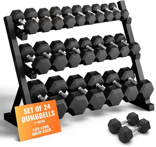 Miniatura 9 de Juego de mancuernas hexagonales de goma con soporte, 8/10/12/15/20 pares (450/550/780/1200/1550/2100 libras totales) Soporte de pesas con mancuernas