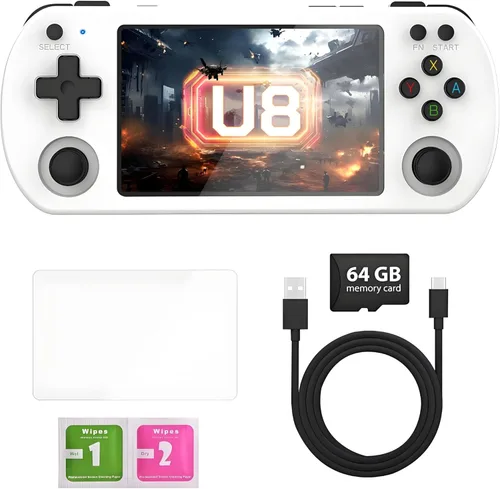 Consola de juegos de mano retro U8 con más de 15,000 juegos clásicos, pantalla IPS de 4.0 pulgadas, tarjeta TF doble de 64G, batería potente de 3500