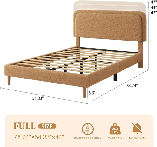 Miniatura 2 de Marco de cama tapizado Boucle de tamaño matrimonial con cabecera ajustable, cama de nube suave, no necesita somier, fácil montaje, sin ruido