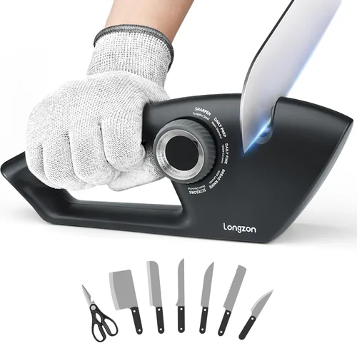 Longzon Afilador de cuchillos 5 en 1 de 5 etapas para cuchillos dentados, tijeras con guante resistente a cortes, hojas pulidas originales de