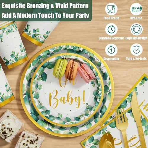 Miniatura 4 de Sage Greenery - Suministros para fiesta de baby shower, juego de vajilla desechable de 175 piezas bohemio neutro (25 invitados) con platos de papel