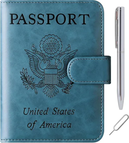 Miniatura 10 de Funda para pasaporte, cartera, artículos esenciales de viaje, de cuero, estuche con bloqueo RFID, equipaje de vacaciones, artículos imprescindibles