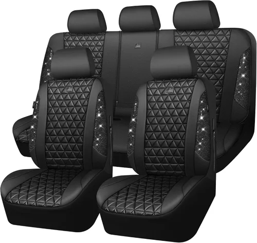 Miniatura 28 de CAR PASS Fundas de asiento de automóvil de cuero con diamantes brillantes, juego de asientos interiores de asientos completos, impermeable, Plateado