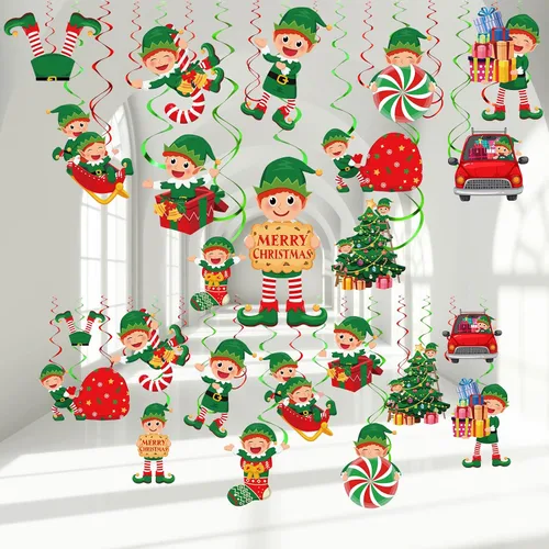 Zomiboo 53 remolinos colgantes de Navidad, dulces de Navidad, pan de jengibre, camión, cardenales rojos, adornos de decoración de techo para árbol