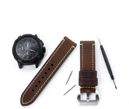 Miniatura 7 de Correa de reloj de pulsera de cuero genuino marrón oscuro de 0.945 in para hombres con hebilla de acero inoxidable