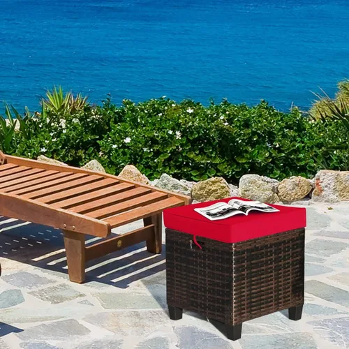 Miniatura 5 de HAPPYGRILL Juego de 2 piezas otomanas de mimbre de ratán para exteriores, con cojines extraíbles, muebles de patio, reposapiés, asiento para Marrón