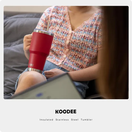 Miniatura 6 de koodee Vaso de 30 onzas con tapa y pajilla, de acero inoxidable, con aislamiento de doble pared, vaso de viaje para agua y agua con asa (rosa y rojo)