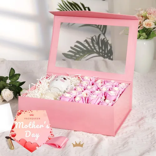 Miniatura 6 de PACKQUEEN Caja de regalo grande rosa con ventana, 13.5x9x4.1 pulgadas, caja de regalo transparente para el Día de la Madre con cinta, tarjeta