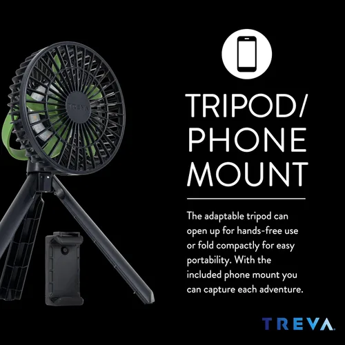 Miniatura 3 de Treva Ventilador de trípode de 5 pulgadas con luz incorporada y soporte de teléfono adjuntable, mini ventilador recargable de 3 velocidades