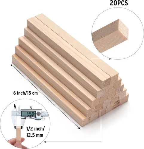 Miniatura 3 de Tacos de madera para manualidades de 1/2 x 6 pulgadas, 20 varillas cuadradas de madera, palos de madera sin terminar, pequeñas tiras de madera