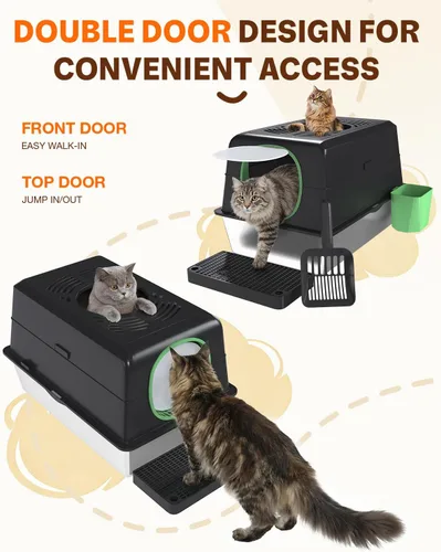 Miniatura 6 de Caja de arena XL de acero inoxidable para gatos con tapa, diseño cerrado de entrada superior, caja de arena grande de metal para gatos equipada