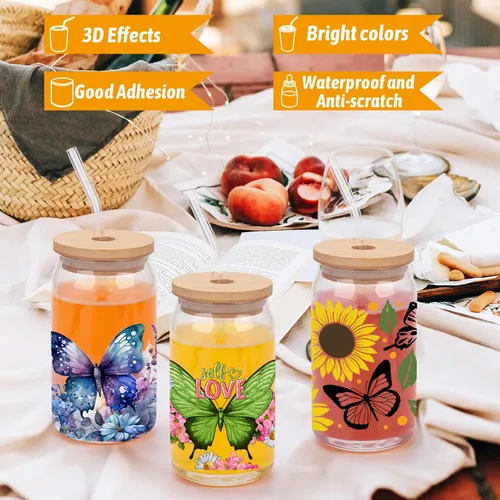 Miniatura 5 de Envolturas de vasos UV DTF para vasos de vidrio de 16 onzas, 10 hojas de transferencias frotables para manualidades, calcomanías adhesivas