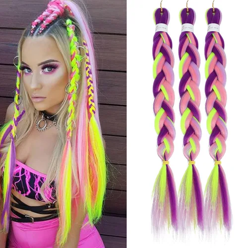 Miniatura 32 de Extensiones de cabello trenzado preestirado colorido, 3 colores, mezcla de cabello trenzado para niñas, 26 pulgadas, 3 paquetes