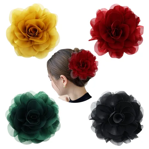 Miniatura 14 de Cinaci Paquete de 4 Lazos Grandes de Flores de Satén para el Cabello Rojos Azul Marino Negro Pinzas de Plástico para el Cabello Clips Cinta Tela