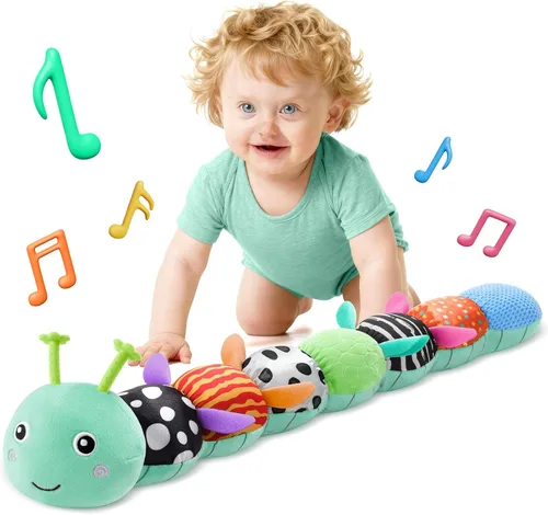 Miniatura 13 de HEMRLY Juguetes de regalo para bebés, juguete sensorial de 0 a 6 meses, oruga musical de peluche suave con dentición, sonajero para tiempo de Rosa