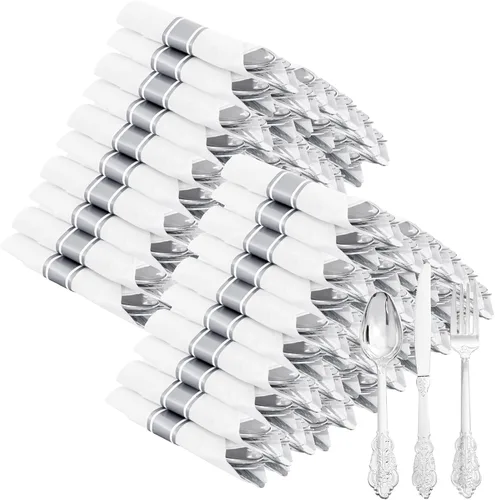 Miniatura 13 de 400 piezas de cubiertos de plástico plateado preenrollados - Cubiertos de plata resistentes - Incluye 100 paquetes de utensilios desechables Plata