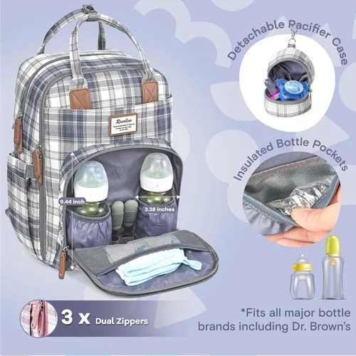 Miniatura 3 de RUVALINO Mochila para pañales, Paquete de viaje multifunción Bolsas cambiadoras para bebés de maternidad, gran capacidad, impermeable, cuadros azules