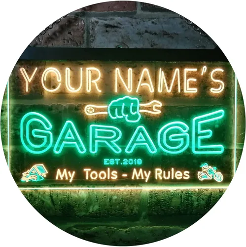 ADVPRO personalizado: tu nombre, año de fundación, tema de garaje, cueva para hombres. Decoración con luz de neón LED de doble color, verde y Verde