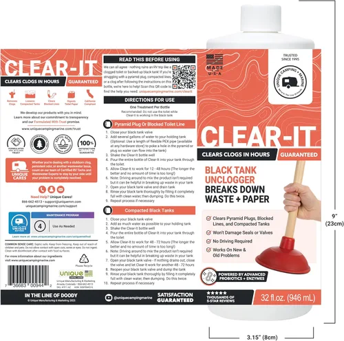 Miniatura 8 de Unique Clear-It RV Tanque Negro Desatascador Líquido - Rompe a Través de Tapones de Pirámide, Tanques Compactados y Tuberías Obstruidas (946 ml)