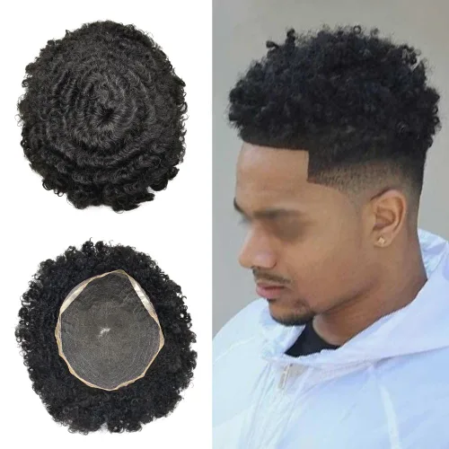 Miniatura 35 de Pelucas afro rizadas para hombre, con encaje francés, de 10 x 8 pulgadas, completamente transparente, de repuesto, sistema de cabello humano rizado