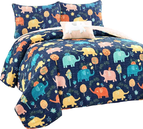 Miniatura 11 de Lush Decor Hygge - Juego de edredón reversible de elefante, tamaño individual, 3 piezas, azul marino y multicolor, juego de ropa de cama para niños