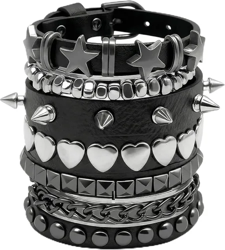 5 pulseras punk con tachuelas para mujeres y hombres, pulseras de remaches de metal de estilo alternativo de rock, juego de joyería hip hop