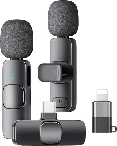 Miniatura 10 de Paquete de 2 micrófonos de solapa inalámbricos para iPhone, iPad y teléfono Android, micrófono de solapa Plug and Play, micrófono inalámbrico