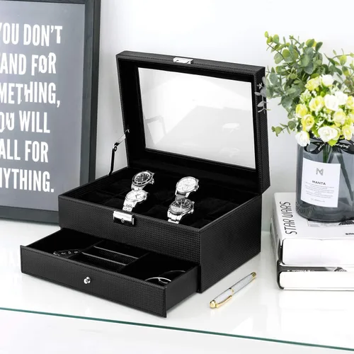 Miniatura 2 de Oyydecor Caja de reloj con 12 ranuras, organizador de relojes, organizador de joyas con cajón de joyería para almacenamiento y exhibición