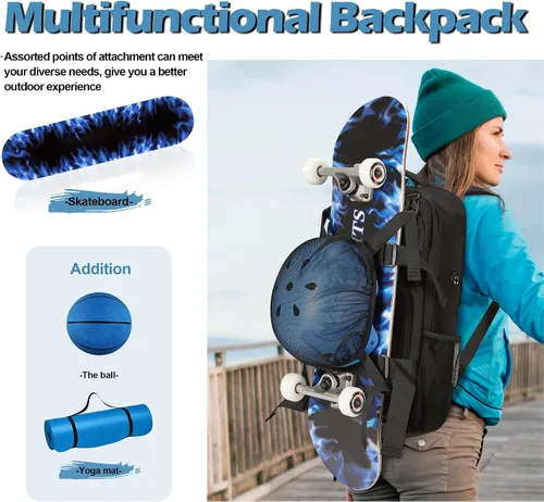 Miniatura 2 de GoHimal Mochila para monopatín, mochila deportiva, bolsa para laptop, diseño multideportivo para hombres y mujeres, Negro, Tamaño único, Moderno