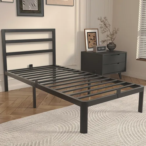 Miniatura 8 de Base de cama matrimonial de 14 pulgadas con cabecero, marco de cama de metal negro, sin necesidad de somier, juntas antideslizantes, sin ruido