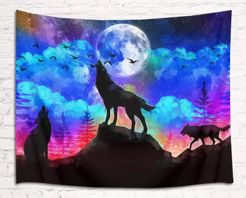 Miniatura 4 de HVEST Tapiz de lobo, tapiz de bosque psicodélico, tapiz para colgar en la pared, tapices de luna, animales salvajes, decoración de habitación, manta