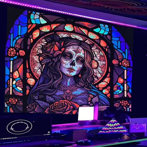 Miniatura 3 de RILACON Tapiz reactivo con luz negra del Día de los Muertos, tapiz para colgar en la pared, diseño de calavera de rosa y azúcar, póster de esqueleto