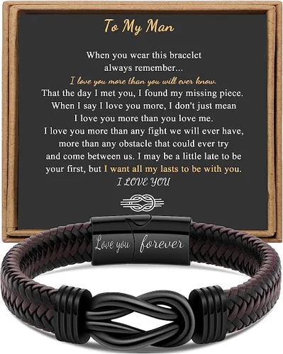 Miniatura 10 de Regalo para Hombres Pulsera Infinita para Hombres Papá Marido Novio Hijo Nieto Hermano Sobrino Tío Cuero Trenzado Marrón Siempre Unidos Acero