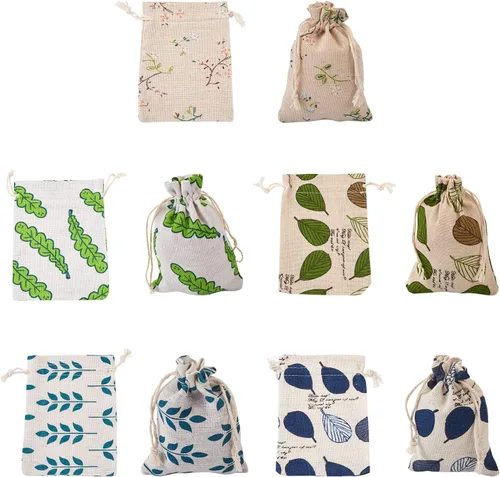 KISSITTY 50 bolsas con cordón estampado de hojas y flores, bolsas de embalaje de regalo, bolsas de almacenamiento de tela para regalos de joyería,