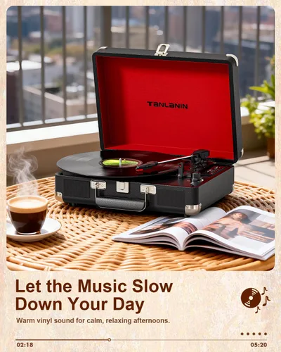 Miniatura 13 de TANALNIN - Tocadiscos de vinilo, tocadiscos portátil de maleta con Bluetooth de 3 velocidades con altavoces integrados, grabación USB, salida RCA