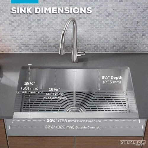 Miniatura 8 de Sterling K-20243-PC-NA Ludington - Fregadero de cocina de 34 pulgadas con montaje inferior con accesorios, lavabo frontal de delantal, acero