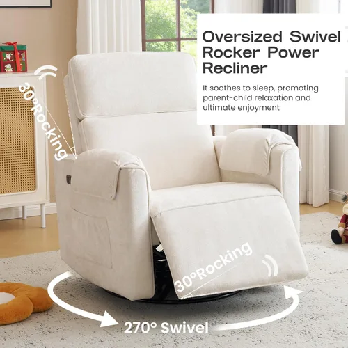 Miniatura 3 de Chenille Rocking Chair Nursery with Adjustable Headrest, 24" Extra Wide Swivel Rocker Recliner with Overstuffed Armrest, Oversized Power Rocker