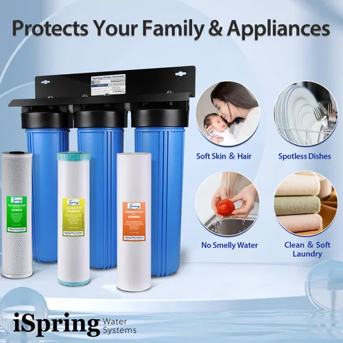 Miniatura 5 de iSpring WGB32BM - Sistema de filtración de agua de 3 etapas para toda la casa, con sedimento azul grande de 20 pulgadas, bloque de carbono