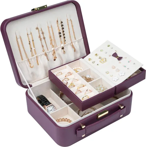 Miniatura 2 de V-LAFUY Organizador de joyas de viaje, organizador de joyas de viaje grande, joyero de viaje y estuche portátil para joyas de viaje, rojo burdeos