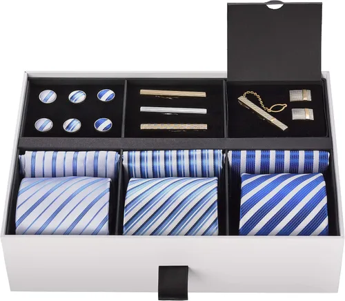 Miniatura 39 de Juego de corbata de regalo para hombre, corbata sedosa, bolsillo cuadrado, clips de corbata, gemelos para hombres