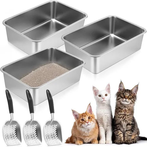 Zubebe Paquete de 3 cajas de arena de acero inoxidable para gatos con 3 piezas de caja de arena de metal que nunca absorbe el olor, a prueba de