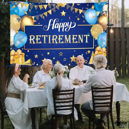 Miniatura 8 de KatchOn Cartel de feliz jubilación extra grande de 72 x 44 pulgadas, decoraciones azules y doradas, telón de fondo para fiesta, decoraciones